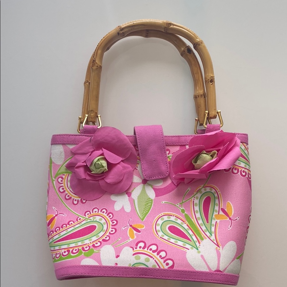 Vintage Lily Pulitzer Floral Pink Tote Bag with Bamboo Handles